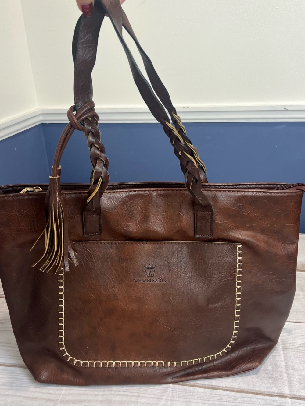 WeimeiBage Brown Braided-Handle Leather Tote